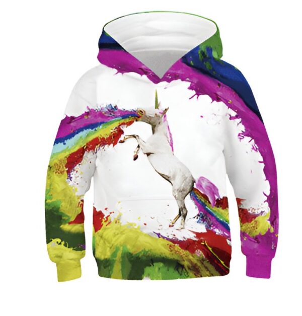 Image d'un sweat à capuche blanc pour enfant, imprimé avec un motif d'une licorne cabrée crachant un arc-en-ciel. Le fond est blanc avec des éclaboussures de peinture colorées. La capuche est également décorée de couleurs vives. Vêtement enfantin et fantaisiste., 45502392303871,45502392336639,45502392369407,45502392402175,45502392434943,45502392467711,45502392500479,45502392533247 | Licorne Shop