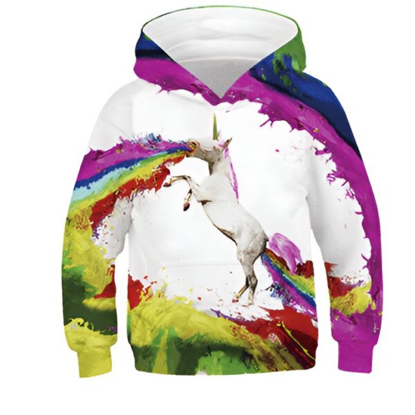 Image d'un sweat à capuche blanc pour enfant, imprimé avec un motif d'une licorne cabrée crachant un arc-en-ciel. Le fond est blanc avec des éclaboussures de peinture colorées. La capuche est également décorée de couleurs vives. Vêtement enfantin et fantaisiste., 45502392303871,45502392336639,45502392369407,45502392402175,45502392434943,45502392467711,45502392500479,45502392533247 | Licorne Shop