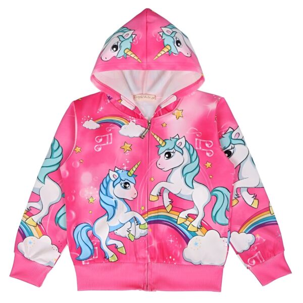 sweat-a-capuche-licorne-zippe-en-coton-doux-1a-1.jpg Veste à capuche rose vif avec des motifs d'licornes bleues et blanches, des arcs-en-ciel, des étoiles et des notes de musique. Capuche décorée de têtes d'licornes. Vêtement pour enfants., 45502394007807,45502394040575,45502394073343,45502394106111,45502394138879,45502394171647,45502394204415,45502394237183 | Licorne Shop