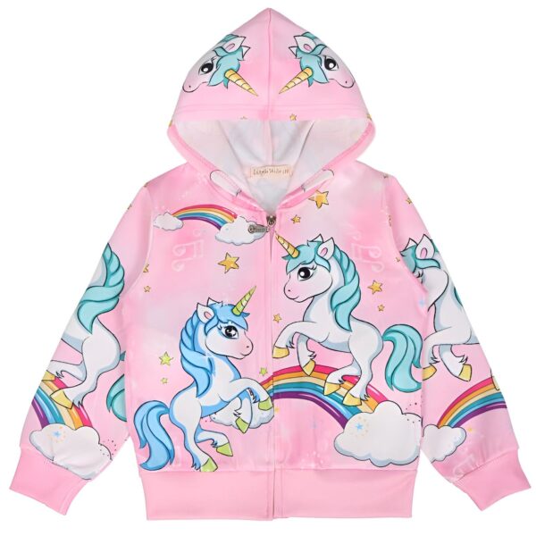 Veste à capuche rose pour enfants, avec fermeture éclair. Imprimés de licornes bleues, d'arcs-en-ciel, d'étoiles et de nuages. Vêtement enfantin et fantaisiste pour les petits rêveurs., 45502393221375,45502393254143,45502393286911,45502393319679,45502393352447,45502393385215,45502393417983,45502393450751 | Licorne Shop