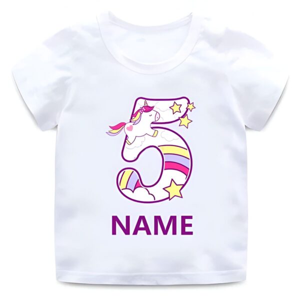 t-shirt-enfant-5-ans-licorne-1a.jpg T-shirt blanc avec motif numéro 5, licorne et étoiles. Idéal pour un anniversaire. Personnalisable avec un prénom., 45502314742015,45502314774783,45502314807551,45502314840319,45502314873087,45502314905855,45502314938623,45502314971391 | Licorne Shop