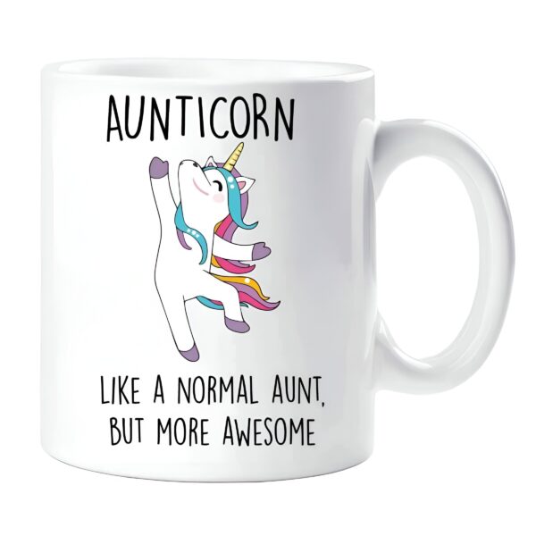 Tasse blanche avec inscription « AUNTICORN » et illustration d'une licorne. Slogan : « Like a normal aunt, but more awesome » (Comme une tante normale, mais plus géniale). Idée cadeau pour une tante., 45501200433407 | Licorne Shop