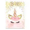 toile-de-decoration-murale-licorne-inversee-1a.jpg Illustration d'une tête de licorne rose avec une corne dorée, des fleurs roses et des feuilles iridescentes. Des confettis dorés tombent du haut de l'image., 45501132013823 | Licorne Shop