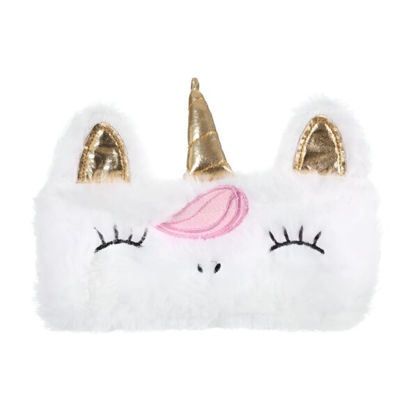 trousse-licorne-peluche-corne-doree-1a.jpg Un bandeau licorne en peluche blanc avec une corne et des oreilles en or. Il a des cils noirs et un nez rose.