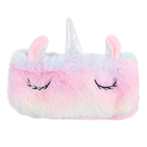 trousse-licorne-peluche-fille-1a.jpg Un bandeau licorne en peluche avec des oreilles et une corne. Le bandeau est de couleur rose et blanche avec des étoiles et des paillettes.