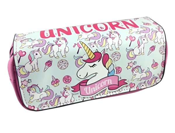 trousse-licorne-scolaire-2-compartiments-1a.jpg Une trousse scolaire rose et verte avec des licornes, des arcs-en-ciel et des étoiles.
