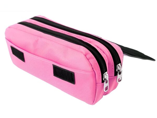 trousse-licorne-scolaire-2-compartiments-2a.jpg Une trousse rose à deux compartiments zippés.