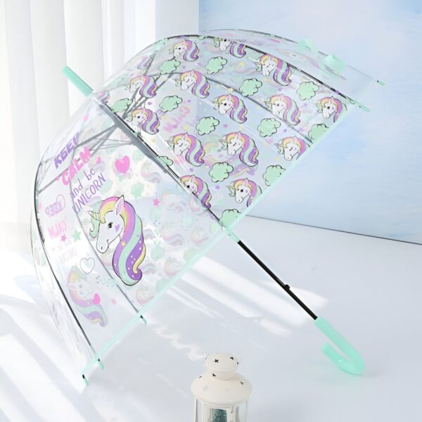 un-parapluie-cloche-licorne-aux-couleurs-pastel-1a.jpg Parapluie transparent avec des motifs de licornes colorées et l'inscription "Keep calm and be unicorn". Accessoire de mode enfantin pour les jours de pluie., 45501180510463 | Licorne Shop
