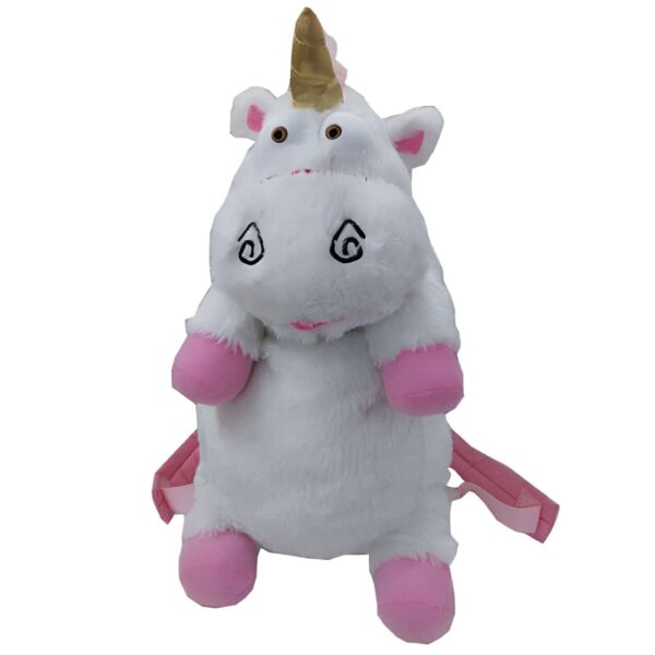 Sac à dos en forme de licorne en peluche blanche avec une corne dorée, des yeux ronds dessinés et des accents roses., 45501148954879 | Licorne Shop