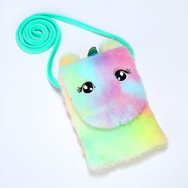Sac à main pour enfants en forme de licorne arc-en-ciel avec bandoulière turquoise, idéal pour ranger de petits objets en toute fantaisie., 45501374726399 | Licorne Shop