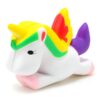 Squishy licorne blanche avec crinière et ailes multicolores (jaune, vert, rouge), queue violette, yeux fermés. Jouet anti-stress en forme d'animal fantastique., 45502408818943 | Licorne Shop