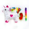 Une piñata licorne blanche avec un cœur rose, des serpentins colorés, une pastèque en papier et un bâton à piñata multicolore. Parfait pour une fête d'anniversaire thématique ou une célébration festive., 45502405411071 | Licorne Shop