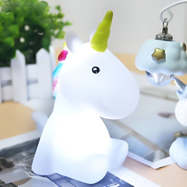 veilleuse-licorne-mignonne-a-minuterie-1a.jpg Lampe de chevet en forme de licorne blanche avec une corne jaune et une crinière arc-en-ciel. Décoration chambre d'enfant. Veilleuse licorne., 45501048324351 | Licorne Shop