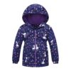 Veste à capuche pour enfants, motifs licornes, lunes et fleurs sur fond bleu marine. Doublure violette. Fermeture à glissière avant., 45502390173951,45502390206719,45502390239487,45502390272255,45502390305023,45502390337791,45502390370559,45502390403327 | Licorne Shop