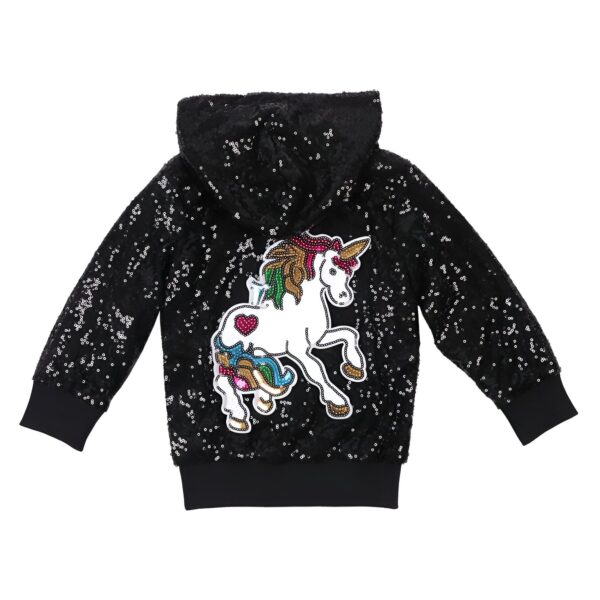 Veste à capuche noire à paillettes avec un motif de licorne fantaisiste et coloré, idéale pour les enfants. Mode enfantine brillante et amusante., 45501803004159,45501803036927,45501803069695,45501803102463,45501803135231,45501803167999,45501803200767,45501803233535 | Licorne Shop